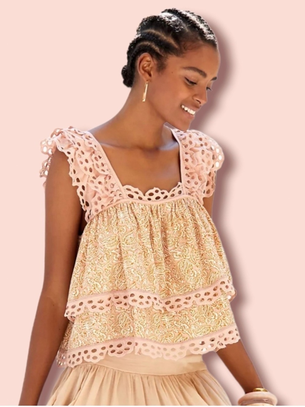 Anthropologie Let Me Be Eyelet Ruffle Swing Top Medium Boho Floral Cotton